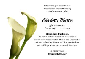 Persönliche Danksagung Trauer Karten. Weiße Lilien und Calla. Danksagungen nach Todesfall, Beerdigung und Trauerfall drucken.