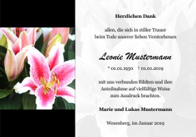 Persönliche Danksagung Trauer Karten. Weiße Lilien und Calla. Danksagungen nach Todesfall, Beerdigung und Trauerfall drucken.