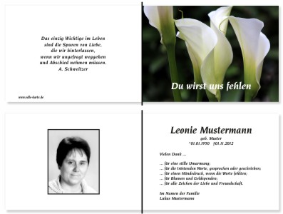 Lilie, Calla, Sonnenblume. Persönliche Trauerdankeskarten nach Trauerfall, Beerdigung und Todesfall