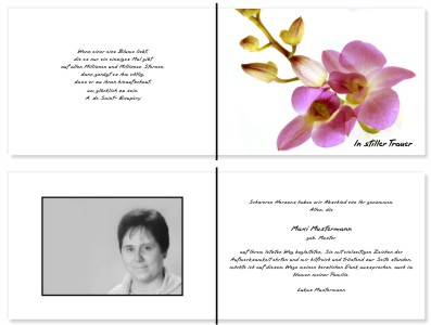 Weiße und rote Orchidee. Persönliche Trauerdankeskarten nach Trauerfall, Beerdigung und Todesfall
